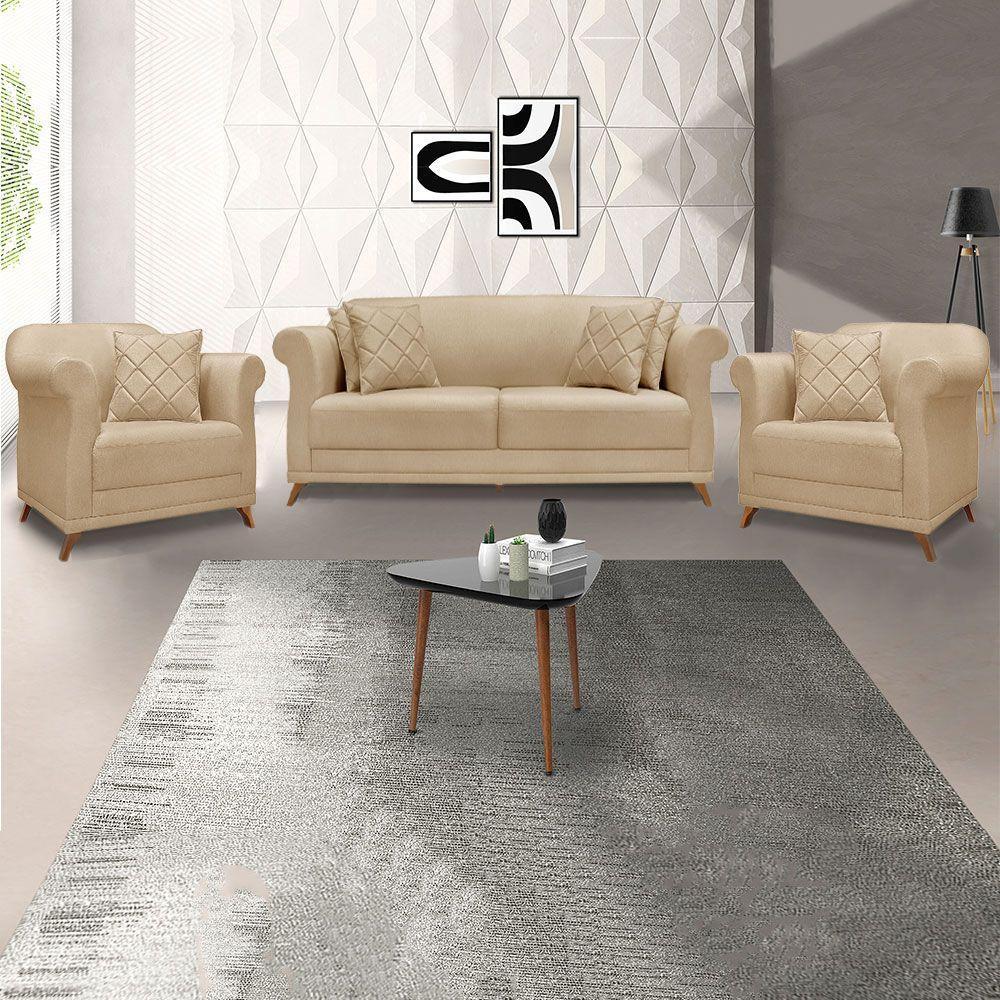 Kit 2 Poltronas E Sofá 2 Lugares 1,60m Dourado Pés Castanho - 9