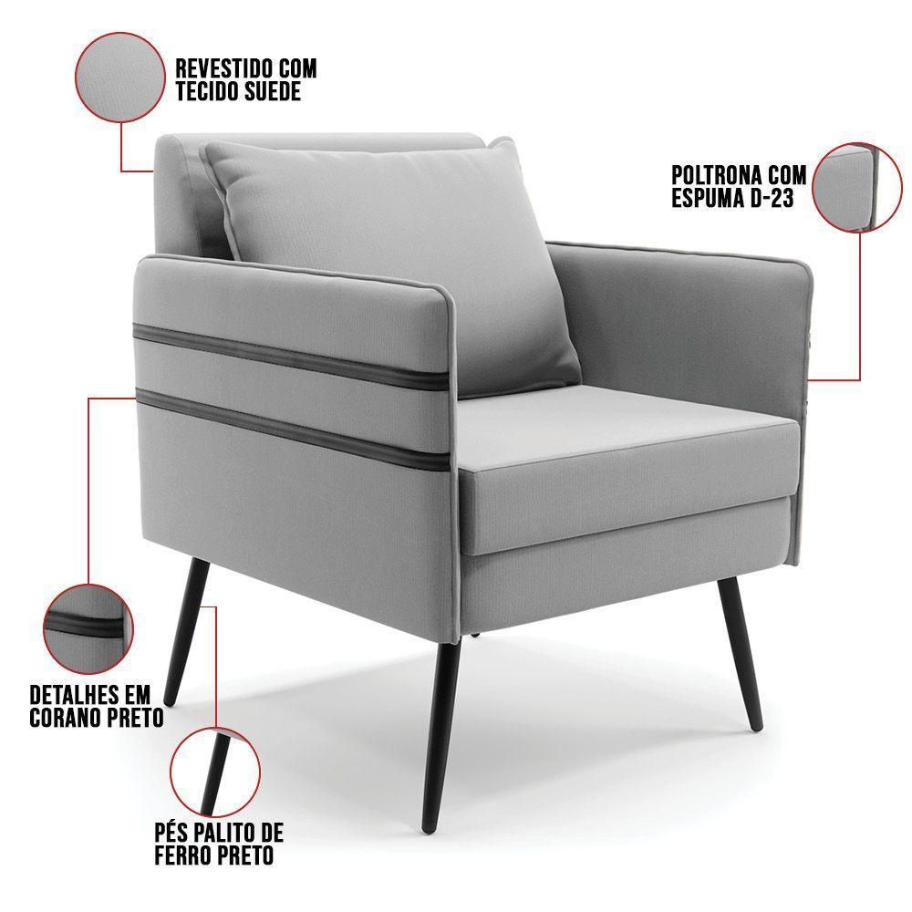 Kit 01 Namoradeira E 02 Poltronas Suede Cinza - 4