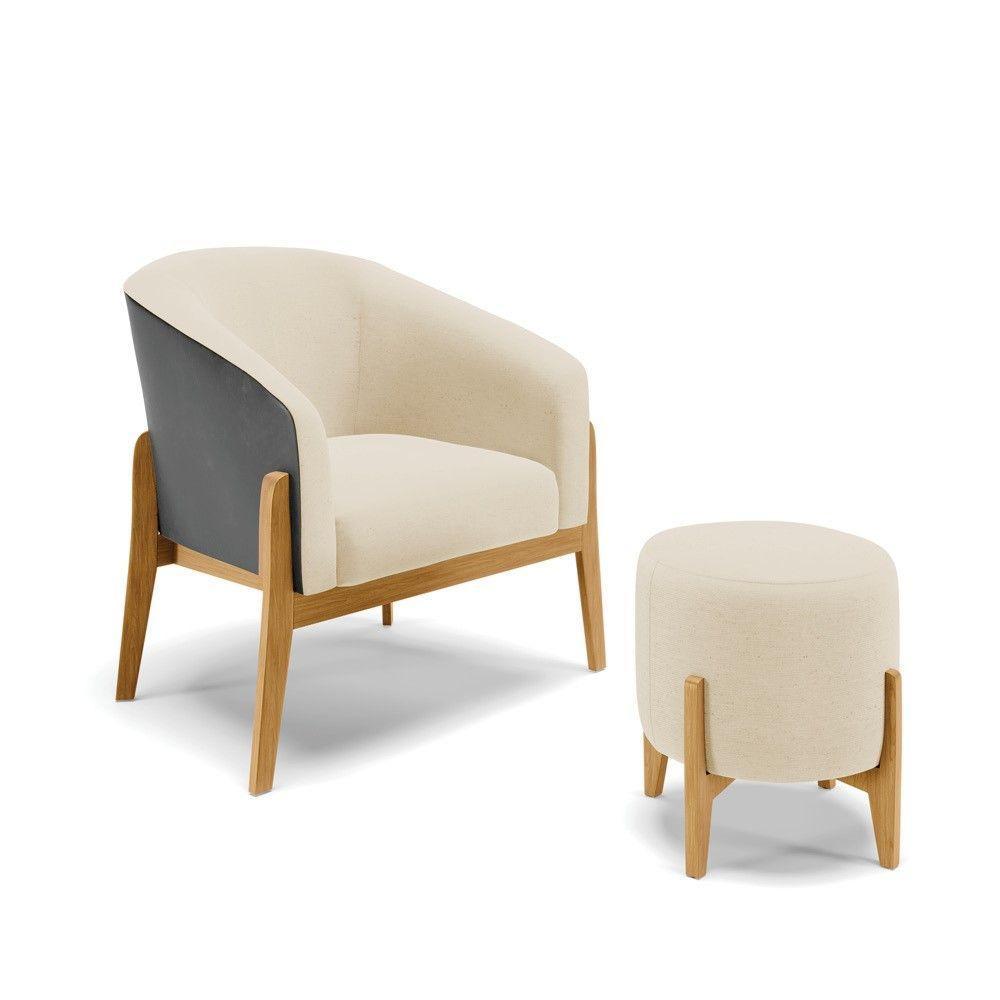 Kit Poltrona E Puff Preto Com Linho Bege A19 Base Castanho - 1