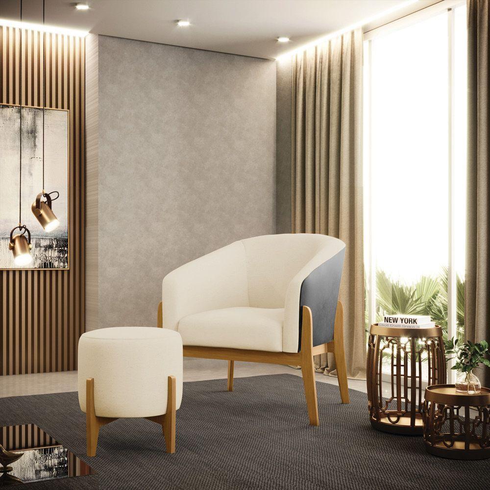 Kit Poltrona E Puff Preto Com Linho Bege A19 Base Castanho - 8