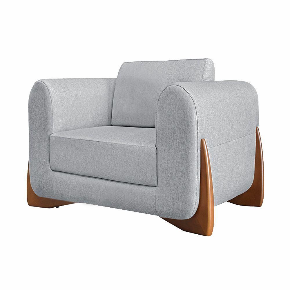 Poltrona Decorativa Pés Em Madeira Buzz Linho Cinza Rustico - 1