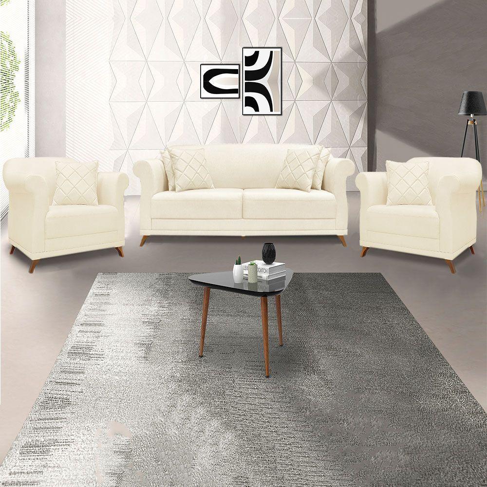 Kit 2 Poltronas E Sofá 2 Lugares 1,80m Bege Pés Castanho - 11