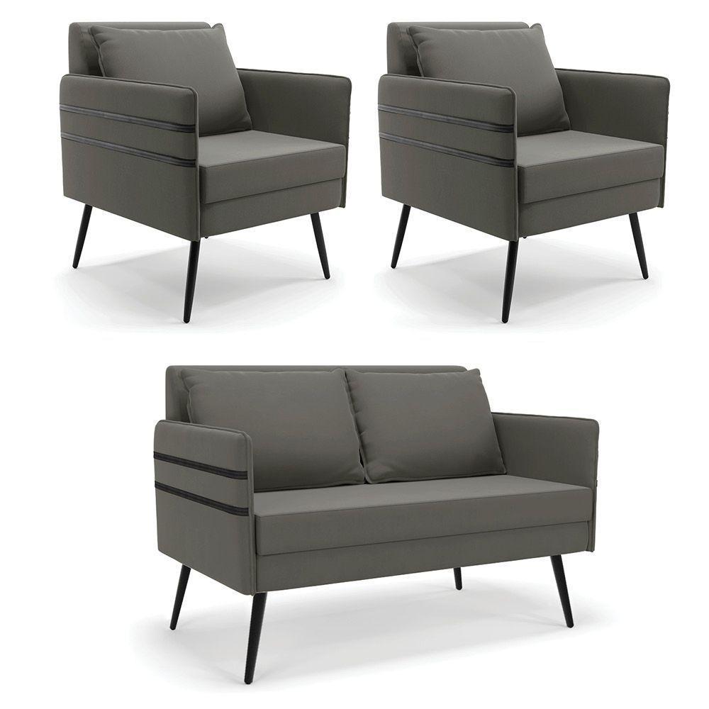 Kit 01 Namoradeira E 02 Poltronas Suede Grafite - 1