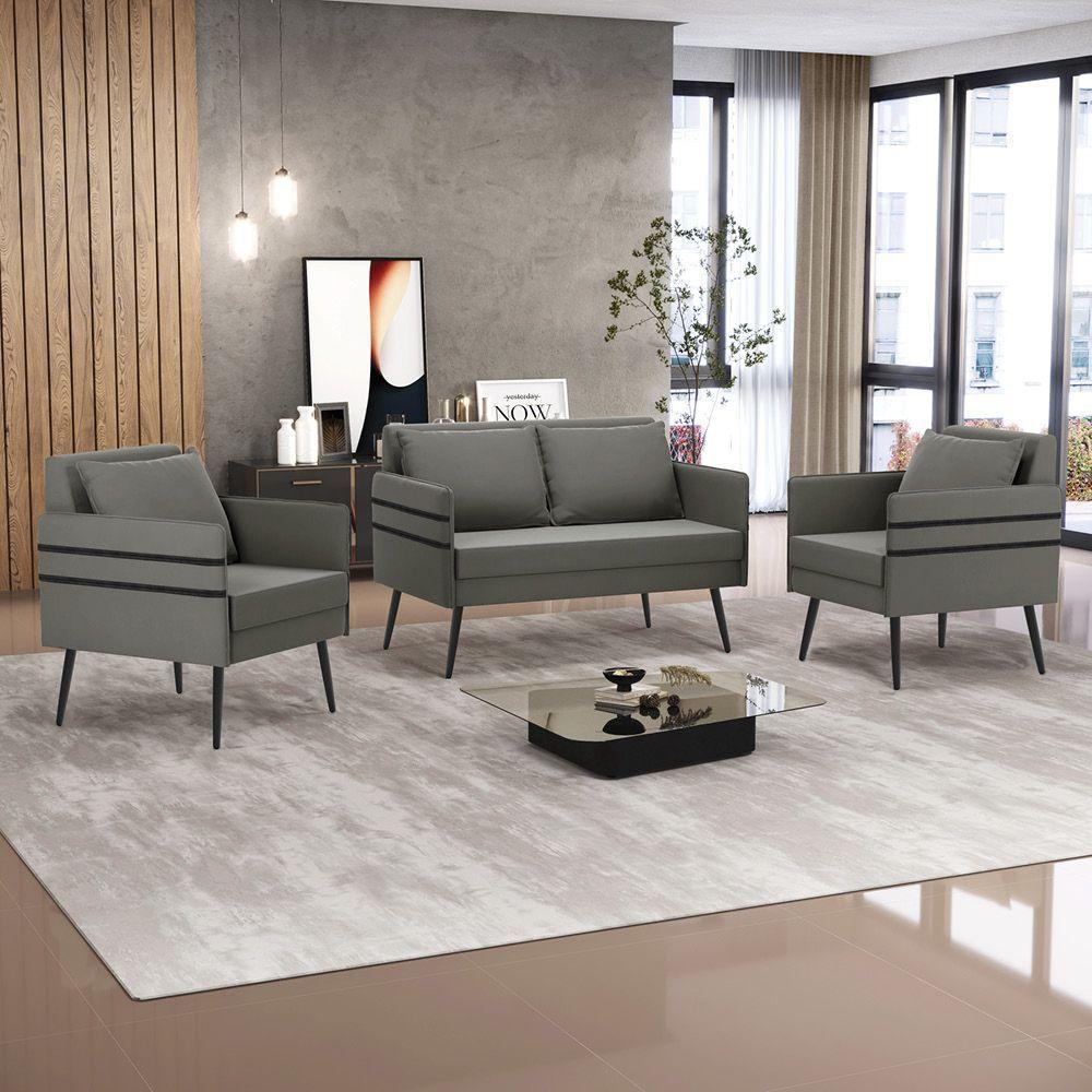 Kit 01 Namoradeira E 02 Poltronas Suede Grafite - 8