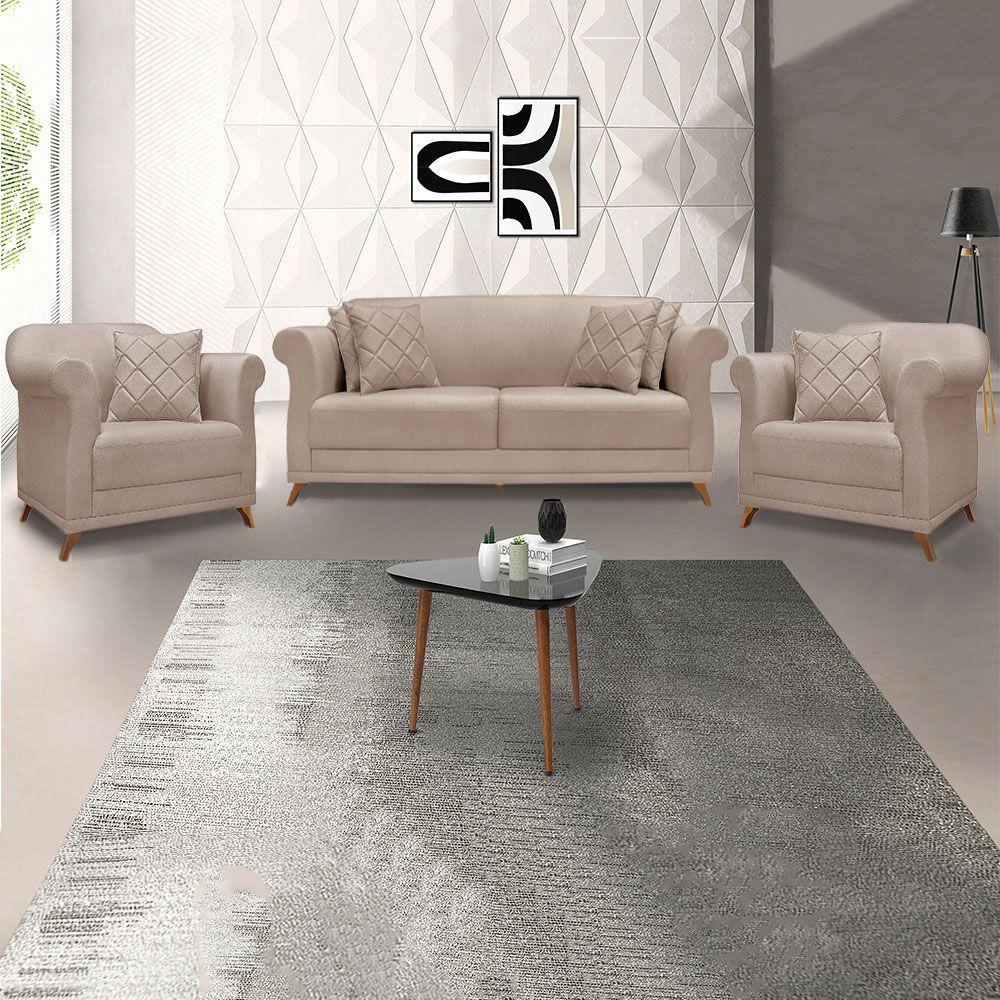 Kit 2 Poltronas E Sofá 2 Lugares 1,80m Areia Pés Castanho - 9