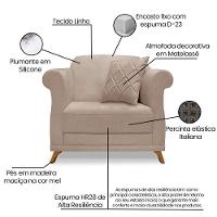 Kit 2 Poltronas E Sofá 2 Lugares 1,80m Areia Pés Castanho