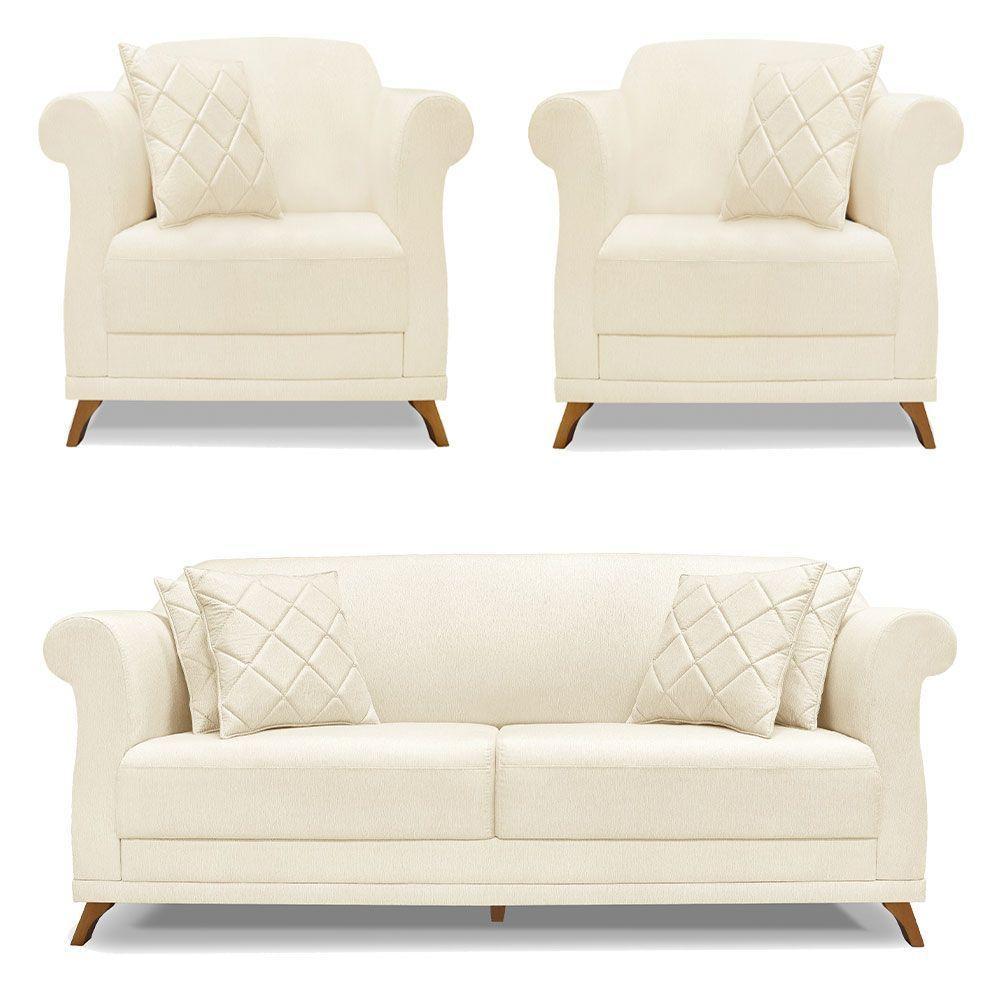 Kit 2 Poltronas E Sofá 2 Lugares 1,80m Pés Castanho Bege - 1