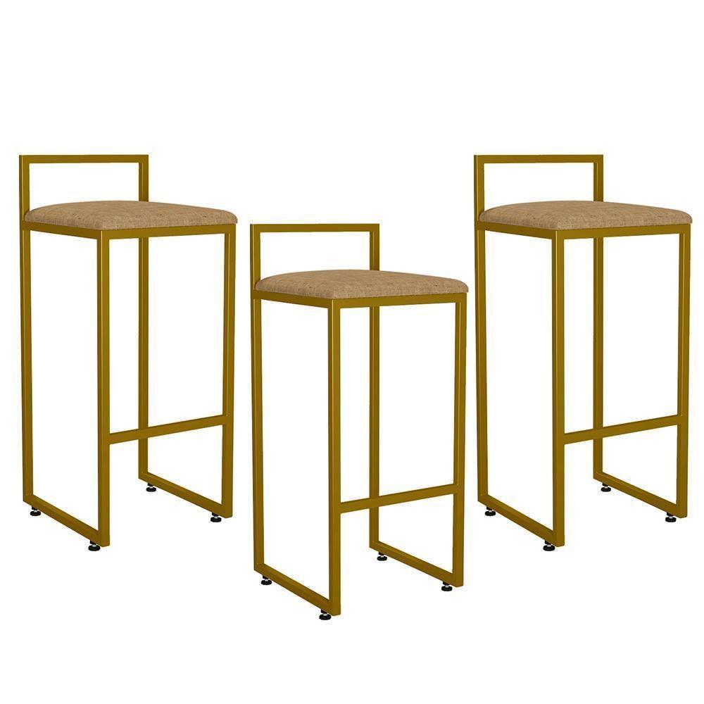 Kit 03 Banquetas Alta Hanna Dourado Linho Bege Escuro - 1