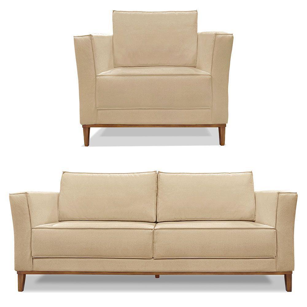 Kit Poltrona E Sofá 2 Lugares 1,90m Dourado Pés Castanho - 1