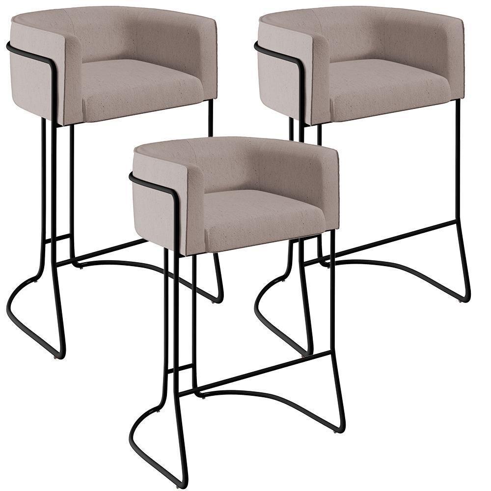 Kit 03 Banquetas Fixa Preto Linho Bege C-107 - 1