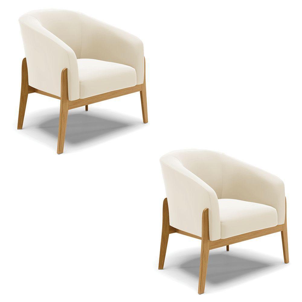 Kit 02 Poltronas Stella Veludo Bege Base Madeira Castanho - 1