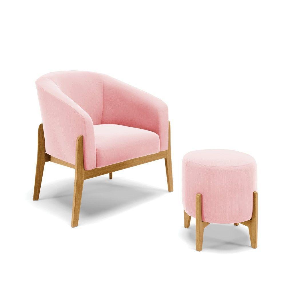 Kit Poltrona E Puff Base Madeira Castanho Cor Rosa Bebê - 1