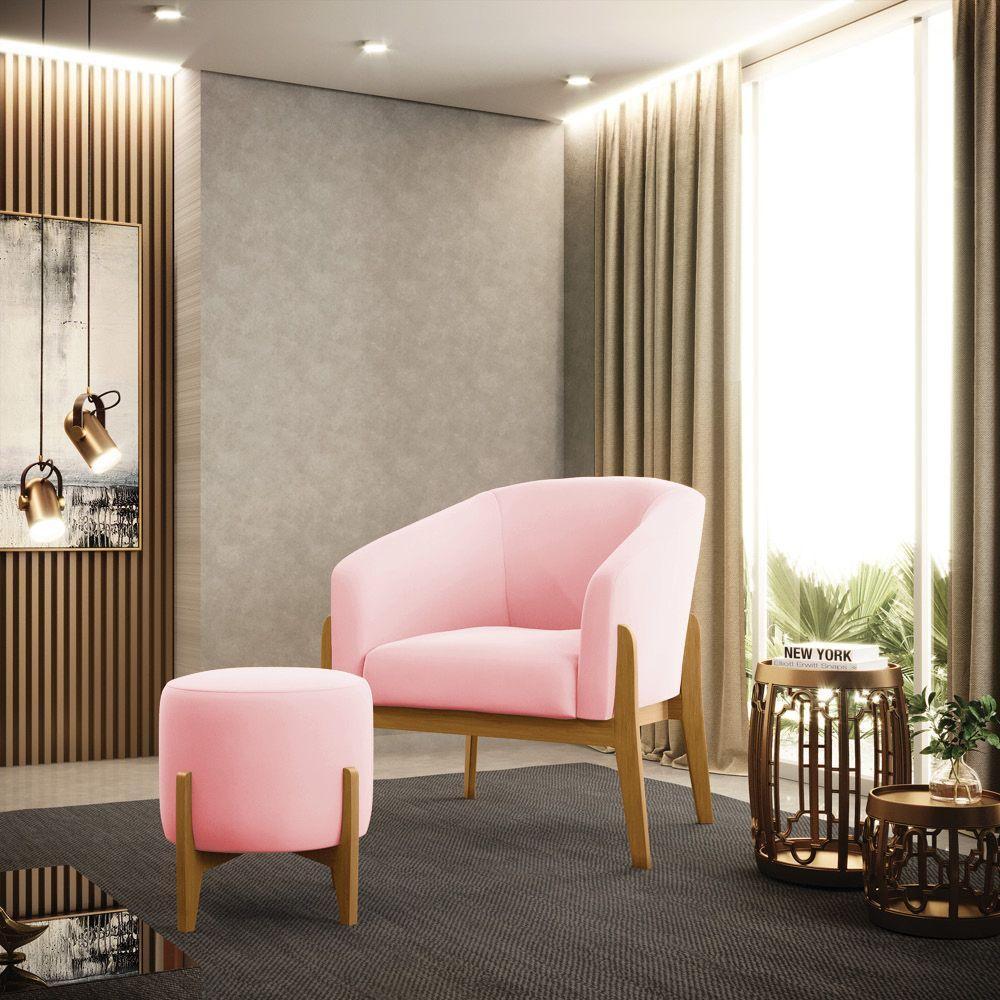 Kit Poltrona E Puff Base Madeira Castanho Cor Rosa Bebê - 8