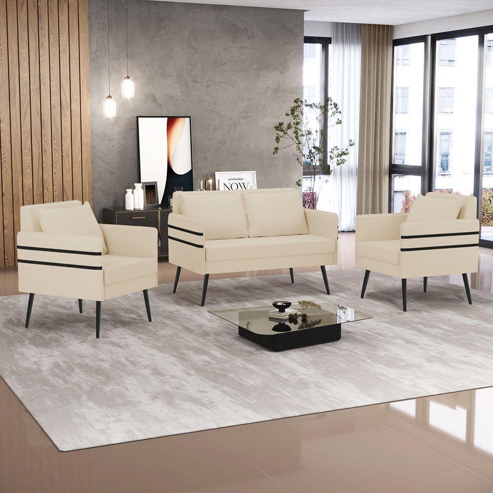 Kit 01 Namoradeira E 02 Poltronas Linho Bege A19 - 8