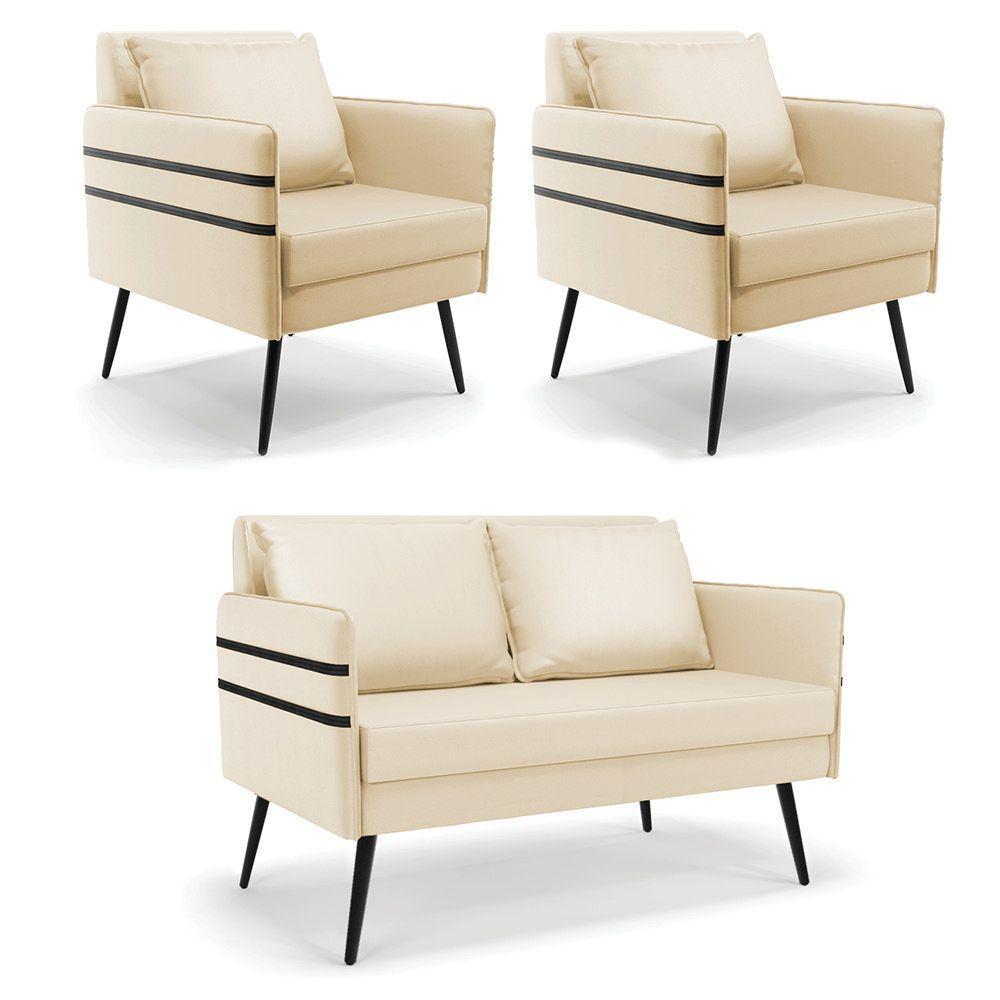 Kit 01 Namoradeira E 02 Poltronas Corino Bege - 1