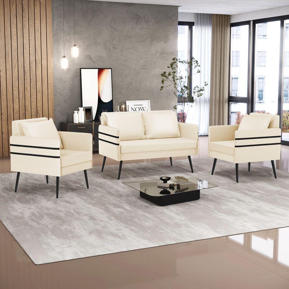 Kit 01 Namoradeira E 02 Poltronas Corino Bege - 9