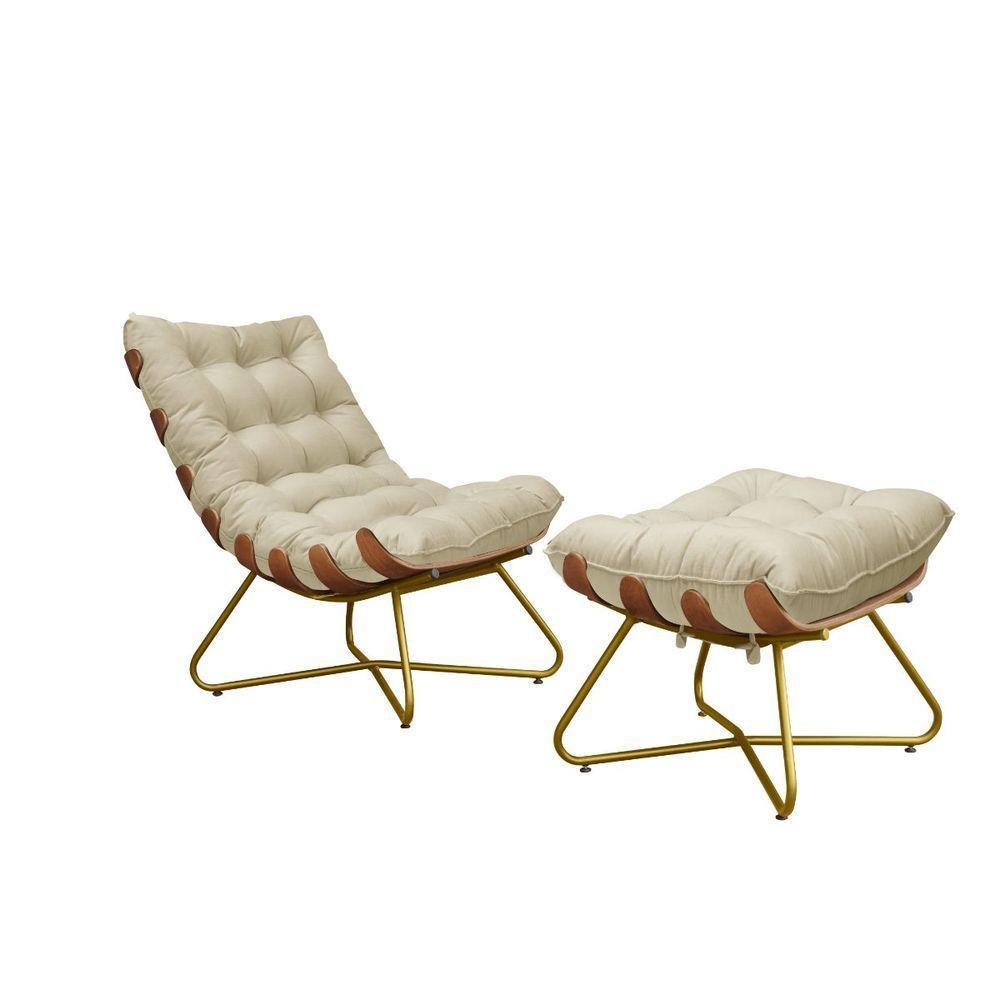 Kit Poltrona Costela Com Puff Pés Cruzados Dourado Suedebege - 1
