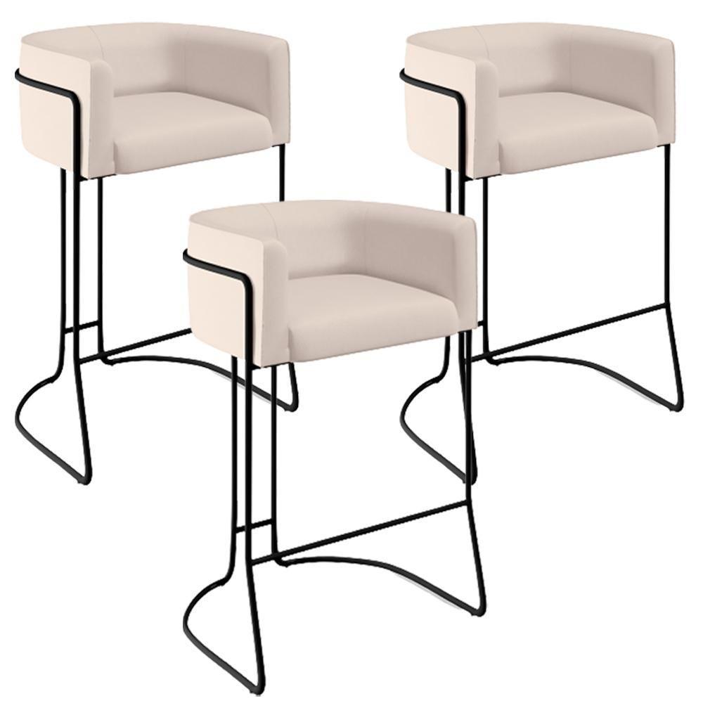 Kit 03 Banquetas Fixa Preto Veludo Bege C-309 - 1