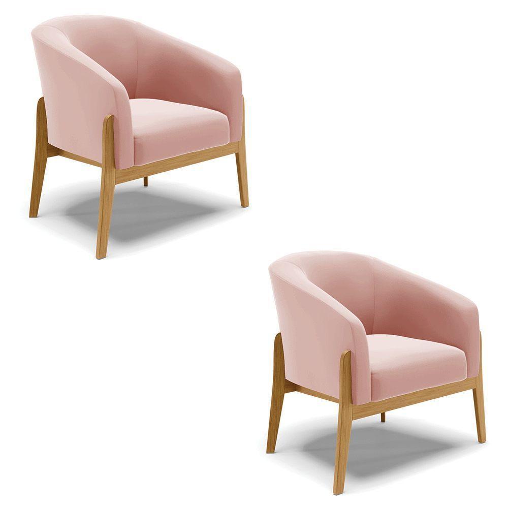 Kit 02 Poltronas Stella Veludo Base Madeira Castanho - D'rossi Cor Rose - 1