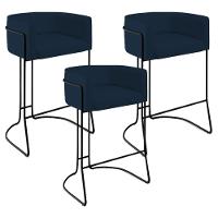 Kit 03 Banquetas Fixa Preto Veludo Azul Oxford C-304 - 1