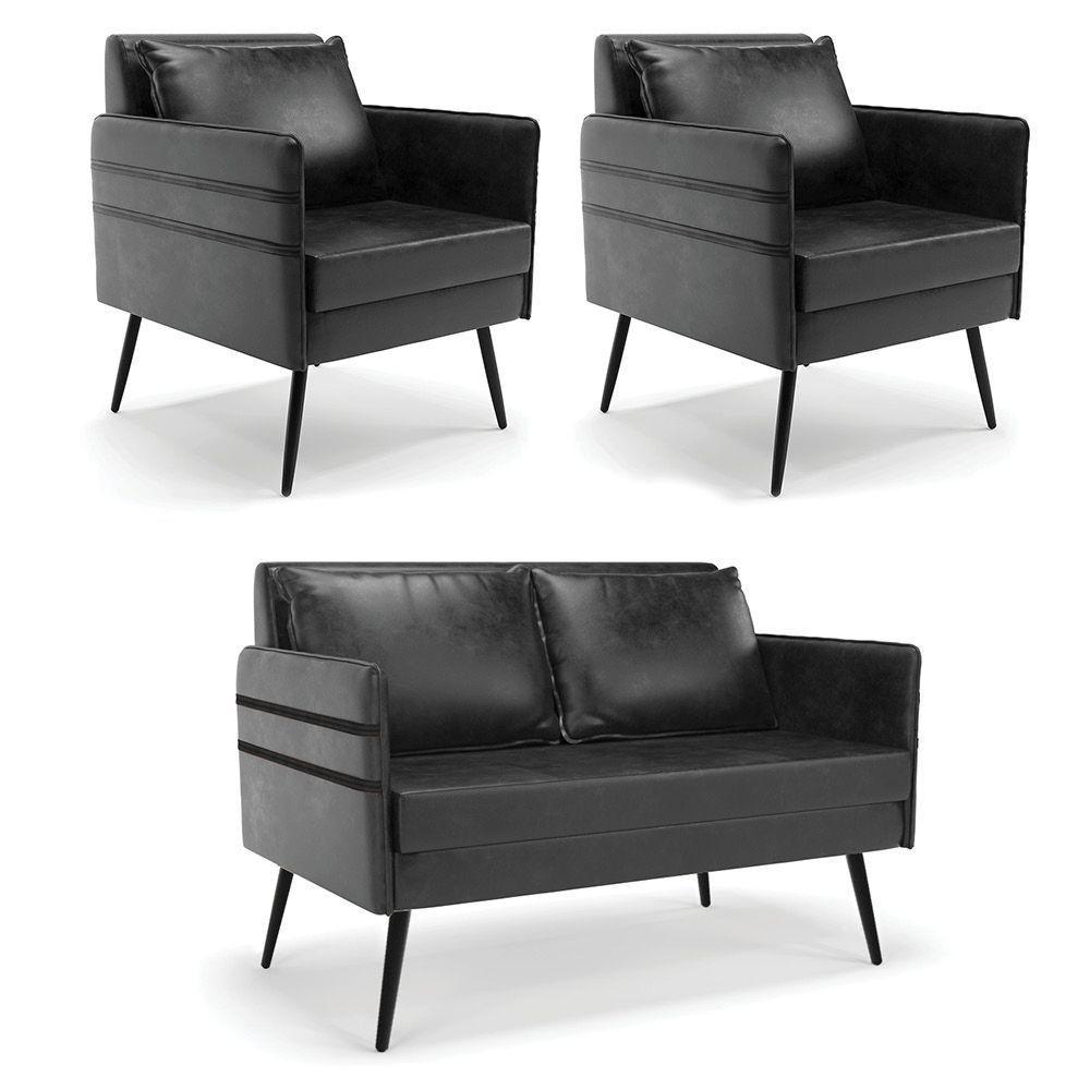 Kit 01 Namoradeira E 02 Poltronas Corano Preto - 1