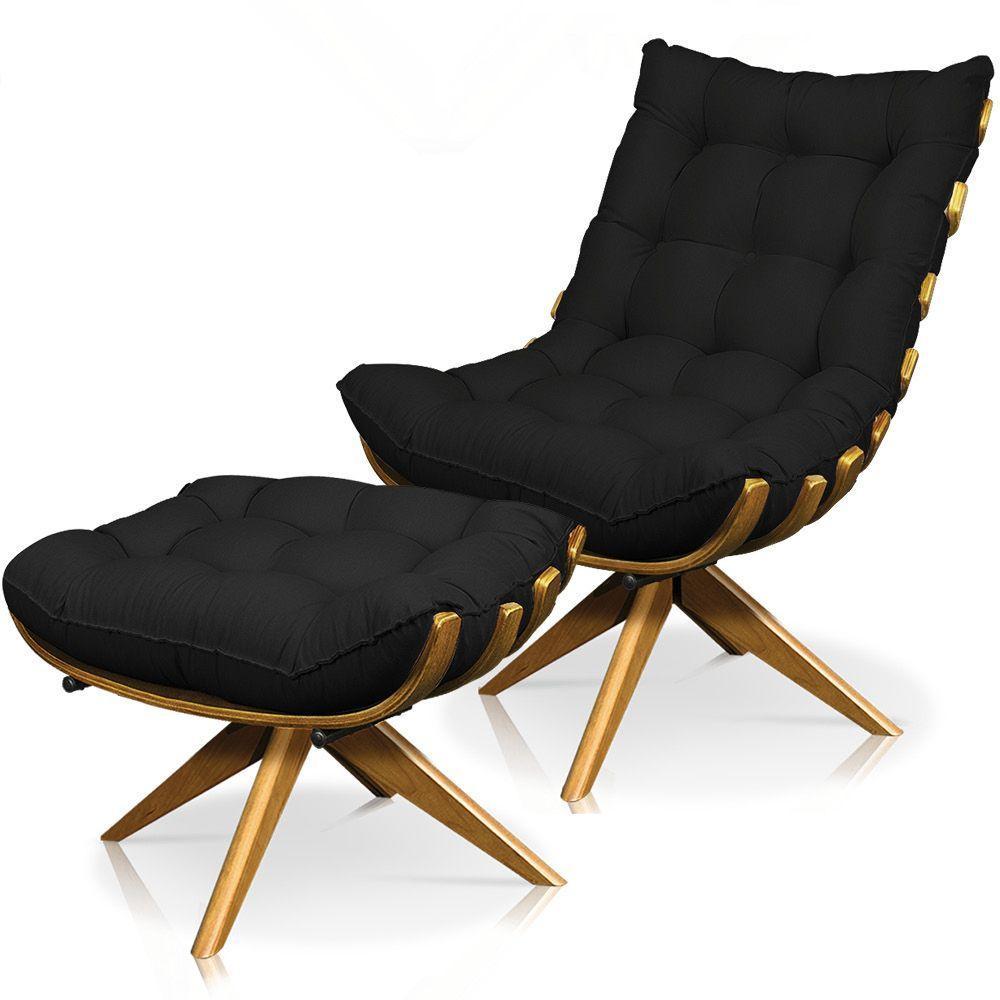 Kit Poltrona Costela Com Puff Giratória Linho Preto - 1