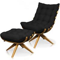 Kit Poltrona Costela Com Puff Giratória Linho Preto - 1