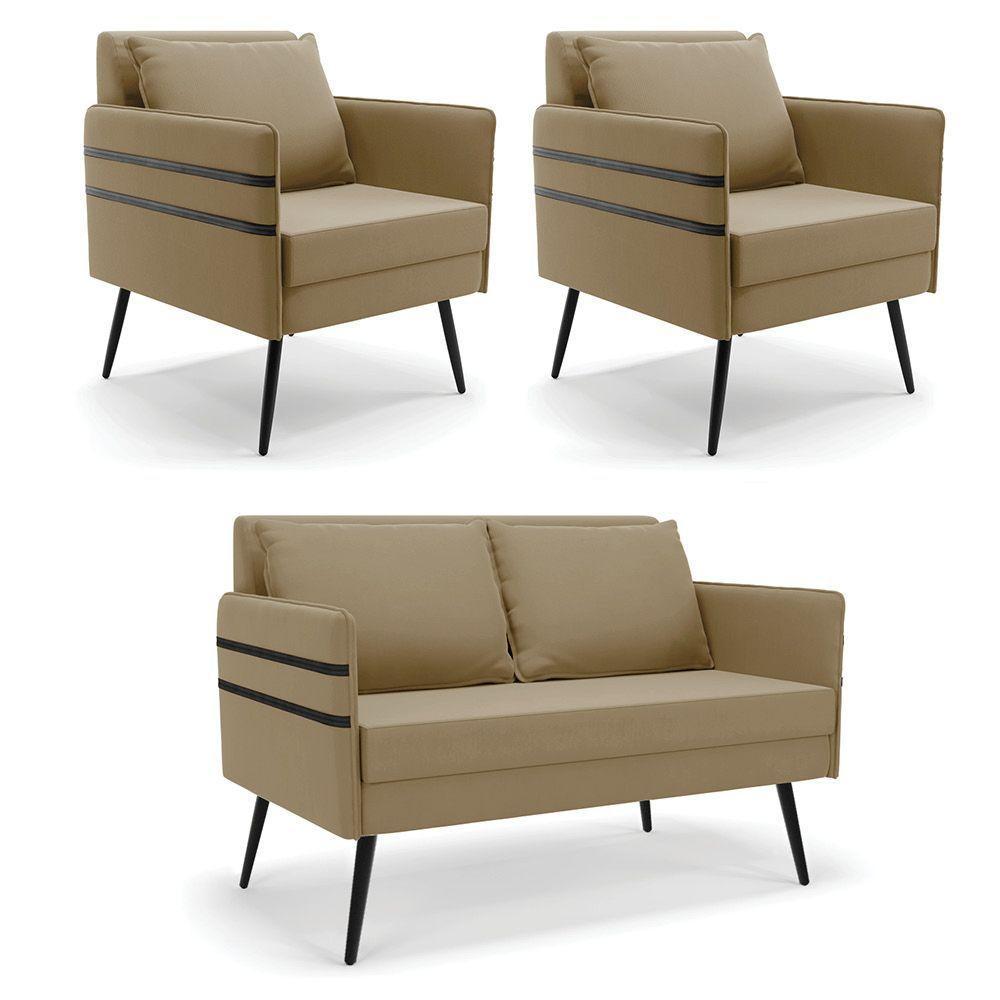 Kit 01 Namoradeira E 02 Poltronas Suede Marrom Rato - 1