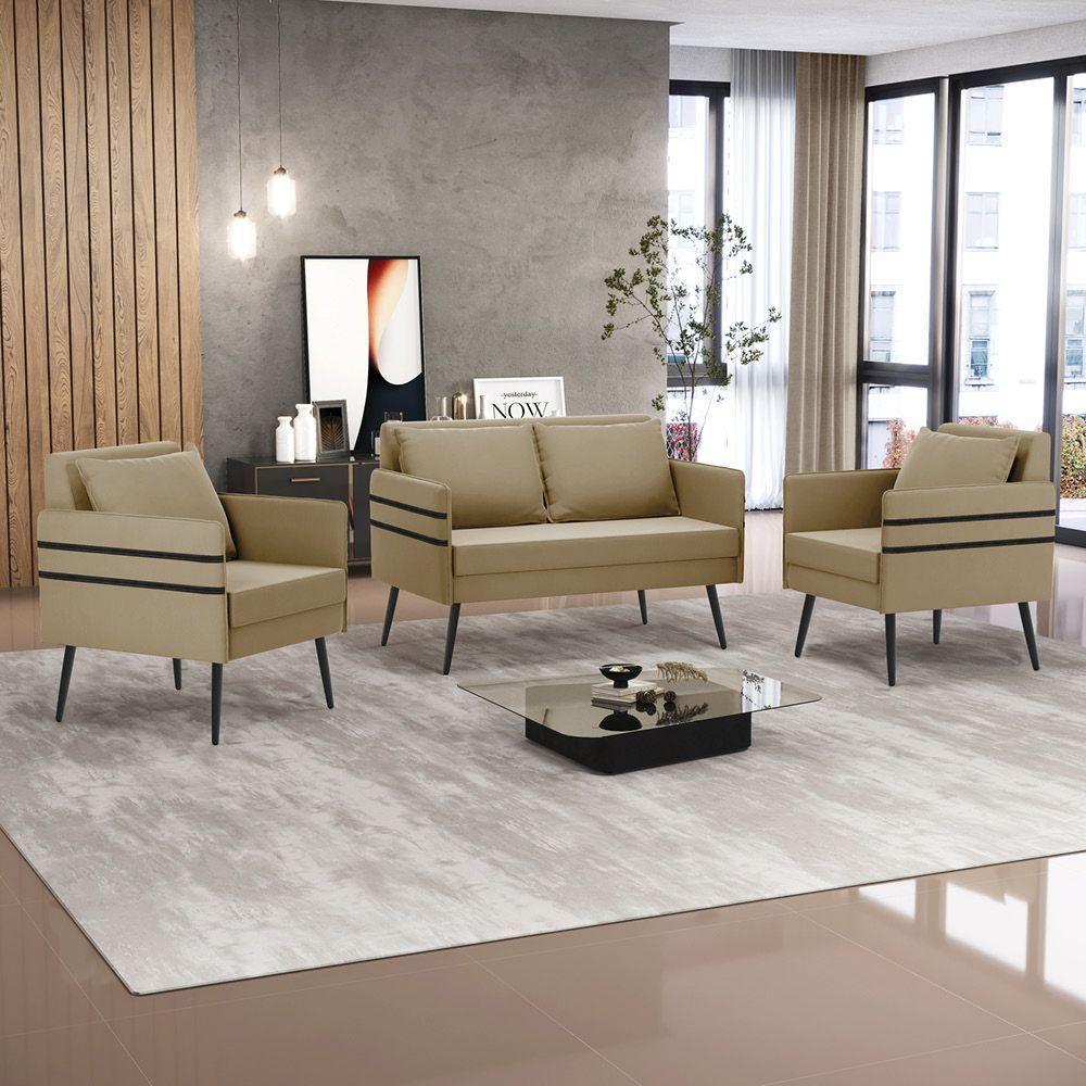 Kit 01 Namoradeira E 02 Poltronas Suede Marrom Rato - 8