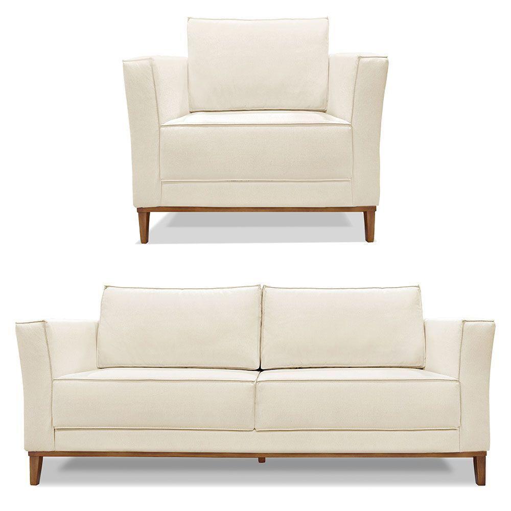 Kit Poltrona E Sofá 2 Lugares 1,70m Pés Castanho Natural - 1