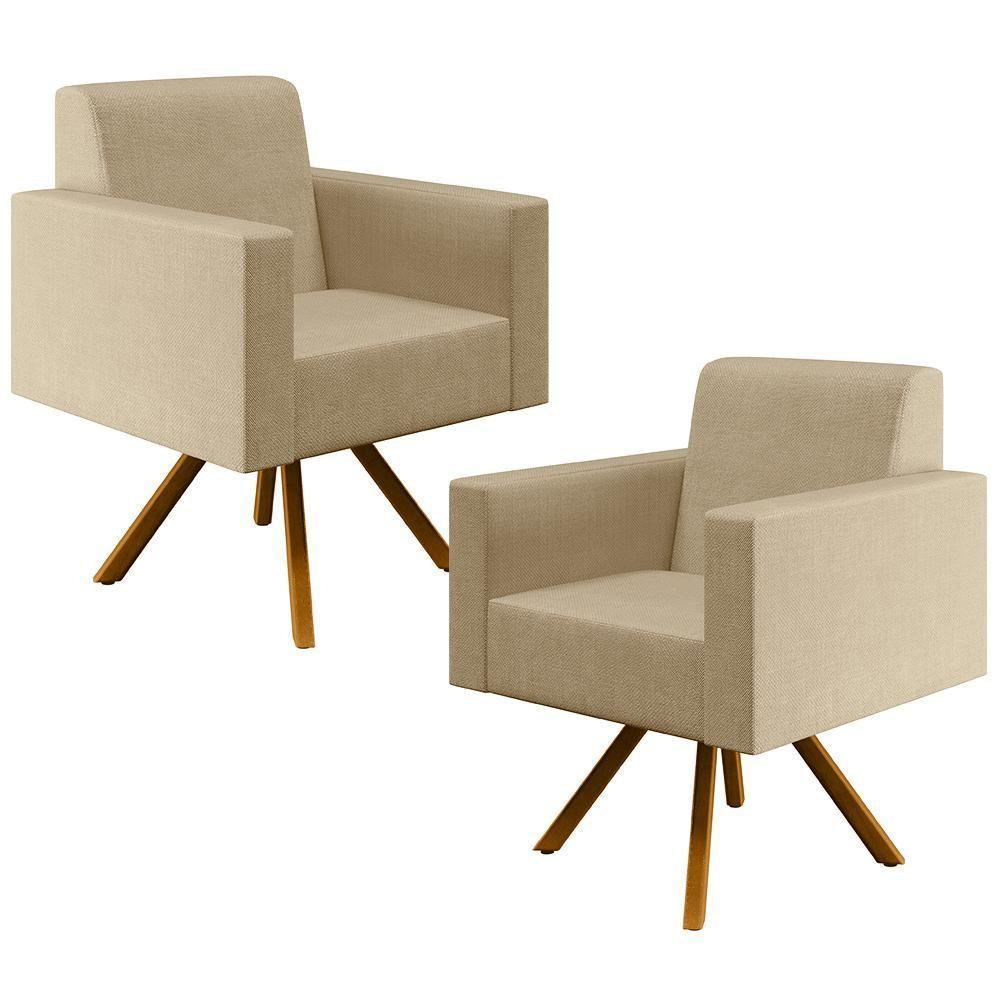 02 Poltronas Giratória Base De Madeira Linho Bege Escuro - 1