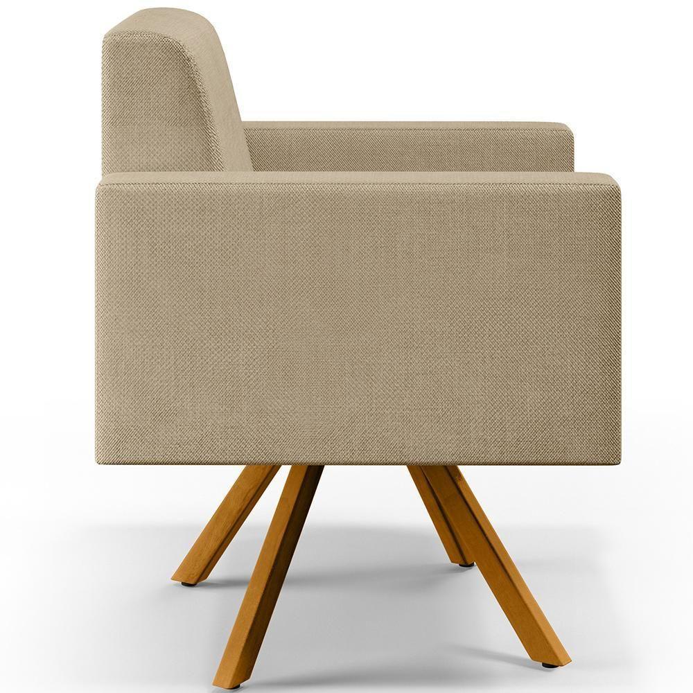 02 Poltronas Giratória Base De Madeira Linho Bege Escuro - 5