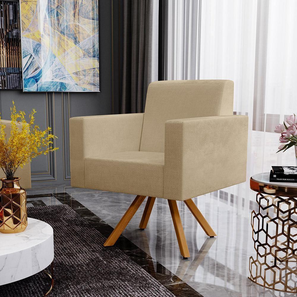 02 Poltronas Giratória Base De Madeira Linho Bege Escuro - 10