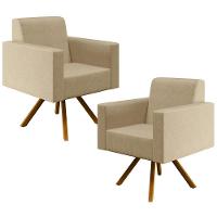 02 Poltronas Giratória Base De Madeira Linho Bege Escuro - 1