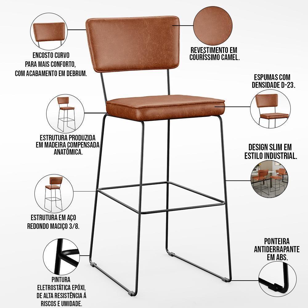 Kit 04 Banquetas Altas Base Em Aço Fixa Camel - 7