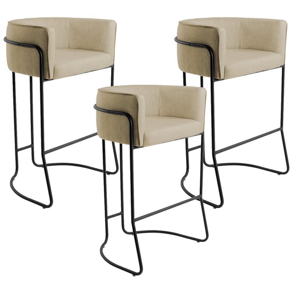 Kit 03 Banquetas Fixa Preto Linho Bege - 1