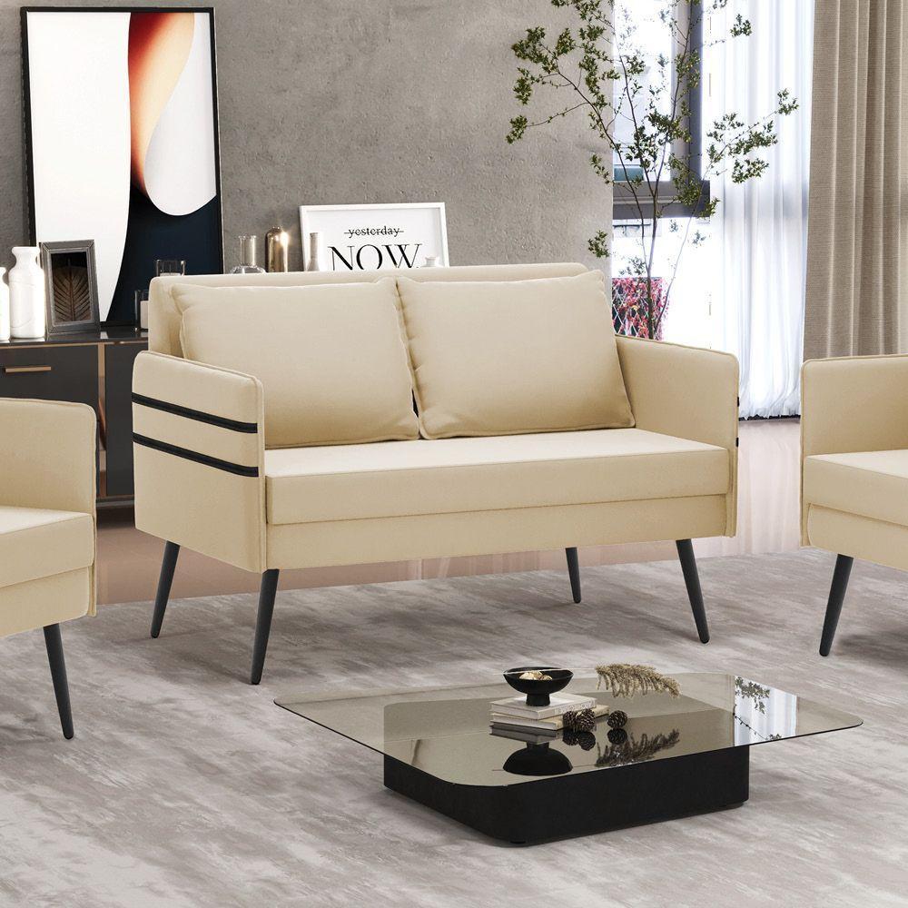 Namoradeira 02 Lugares Mari Suede Pés Palito De Ferro Bege - 8