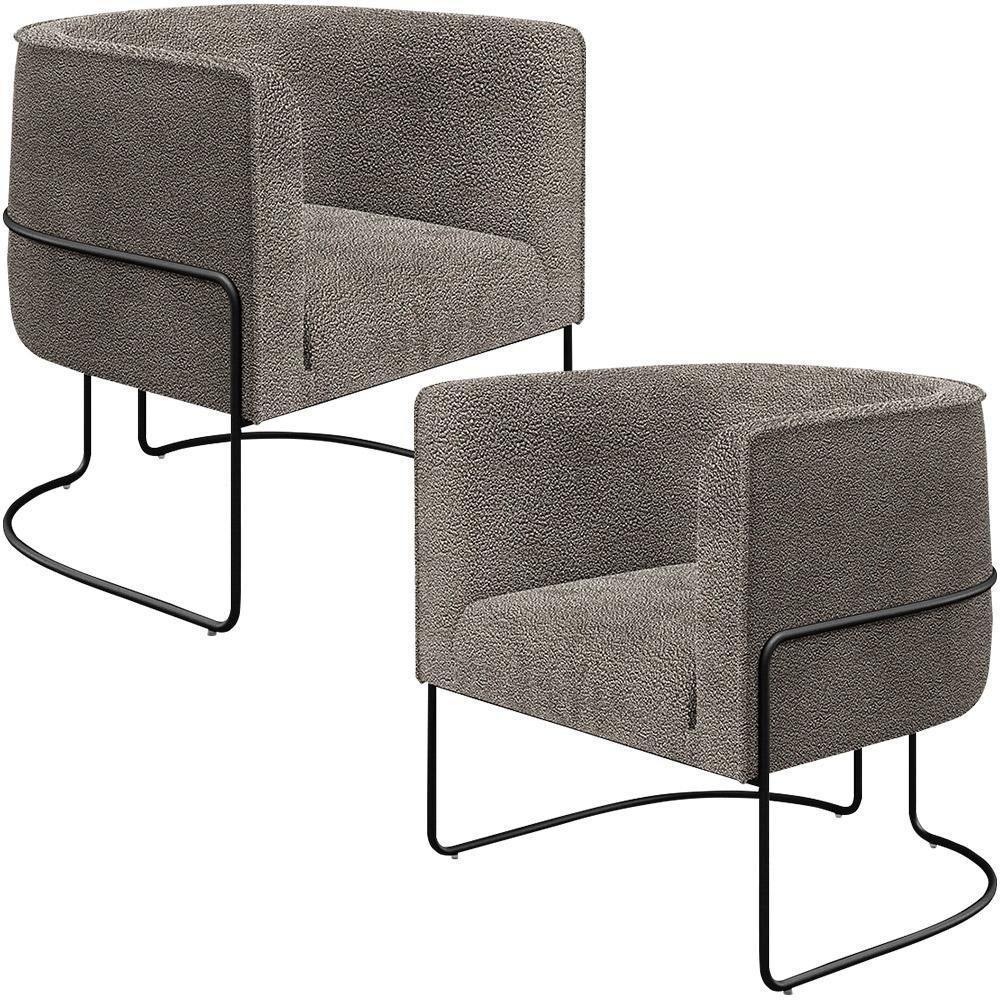 Kit 02 Poltronas Fixa Base Aço Preto Betina D02 Bouclê Bege - 1