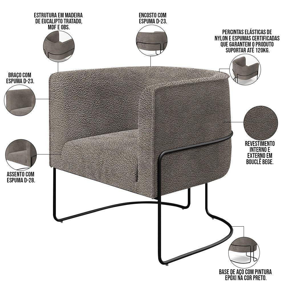 Kit 02 Poltronas Fixa Base Aço Preto Betina D02 Bouclê Bege - 7