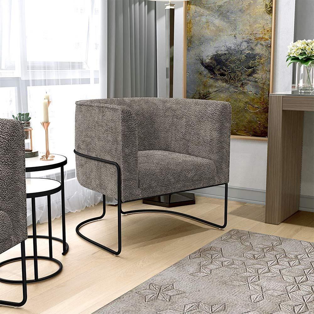 Kit 02 Poltronas Fixa Base Aço Preto Betina D02 Bouclê Bege - 8