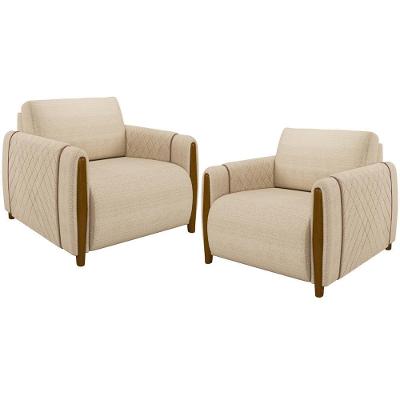 Kit 02 Poltronas Flora M03 Base Fixa Linho Bege Lyam Decor
