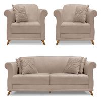 Kit 2 Poltronas E Sofá 2 Lugares 1,60m Areia Pés Castanho - 1