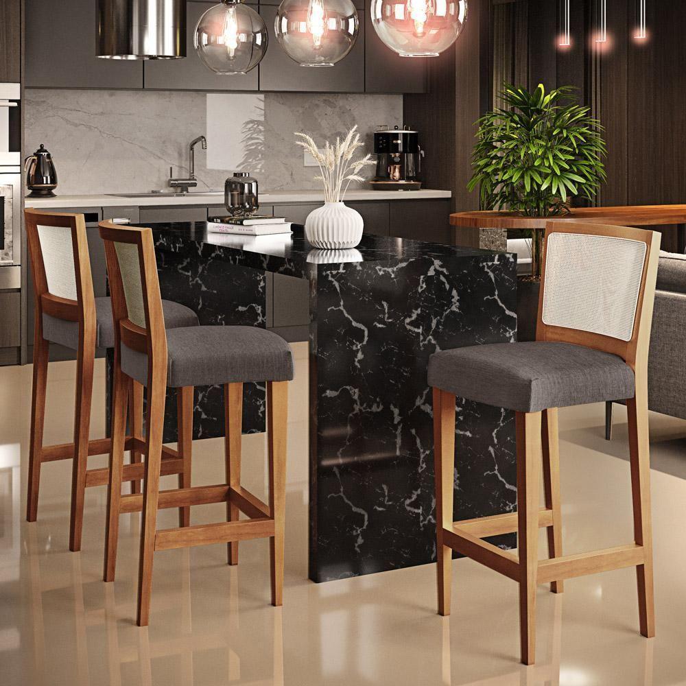 Kit 02 Banquetas Alta Branco Linho Cinza Escuro - 8