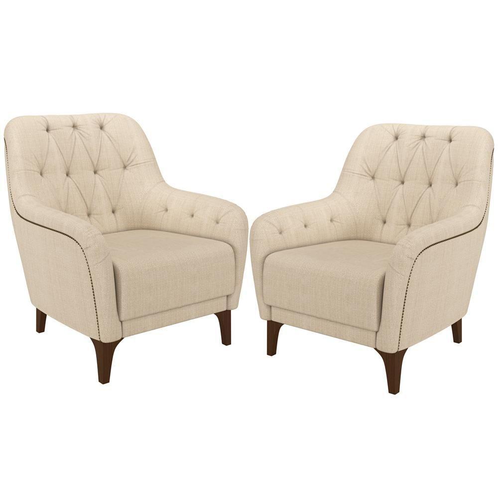 Kit 02 Poltronas Com Tachas Base Fixa Blenda M03 Linho Bege - 1