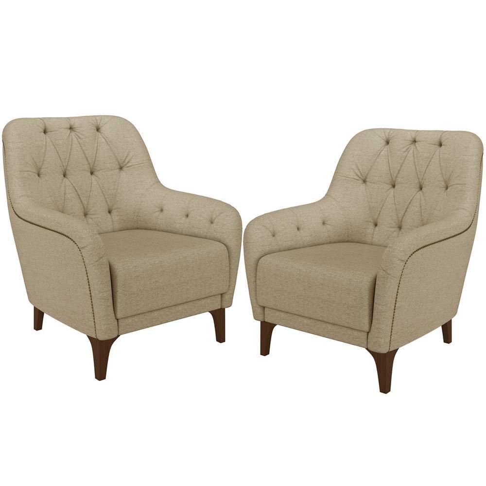 Kit 02 Poltronas Com Tachas Base Fixa Blenda M03 Bege Escuro - 1