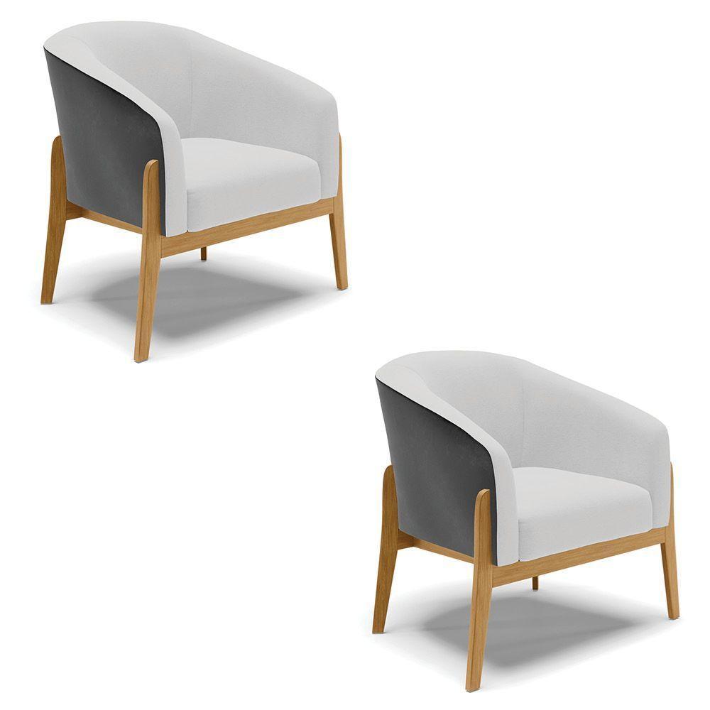 Kit 02 Poltronas Preto Com Linho Cinza A05 Base Castanho - 1