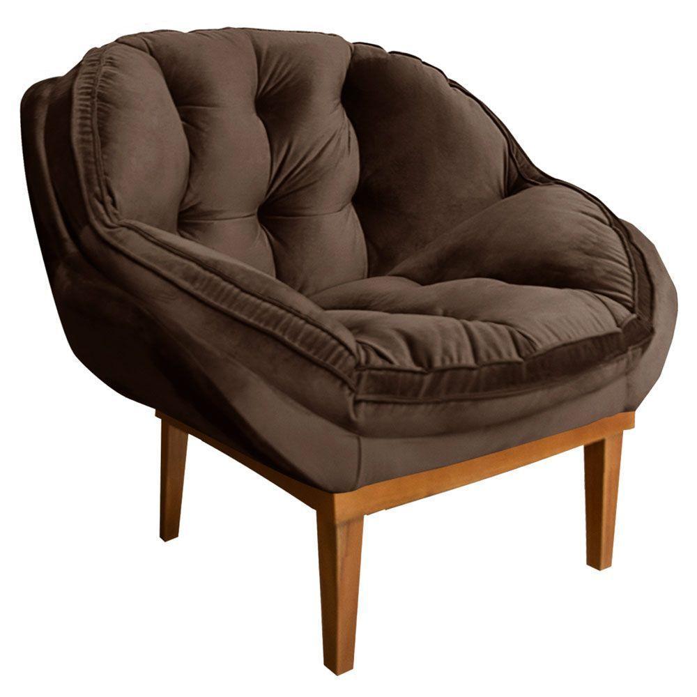 Poltrona Decorativa Veludo Marrom Base Madeira Castanho - 1