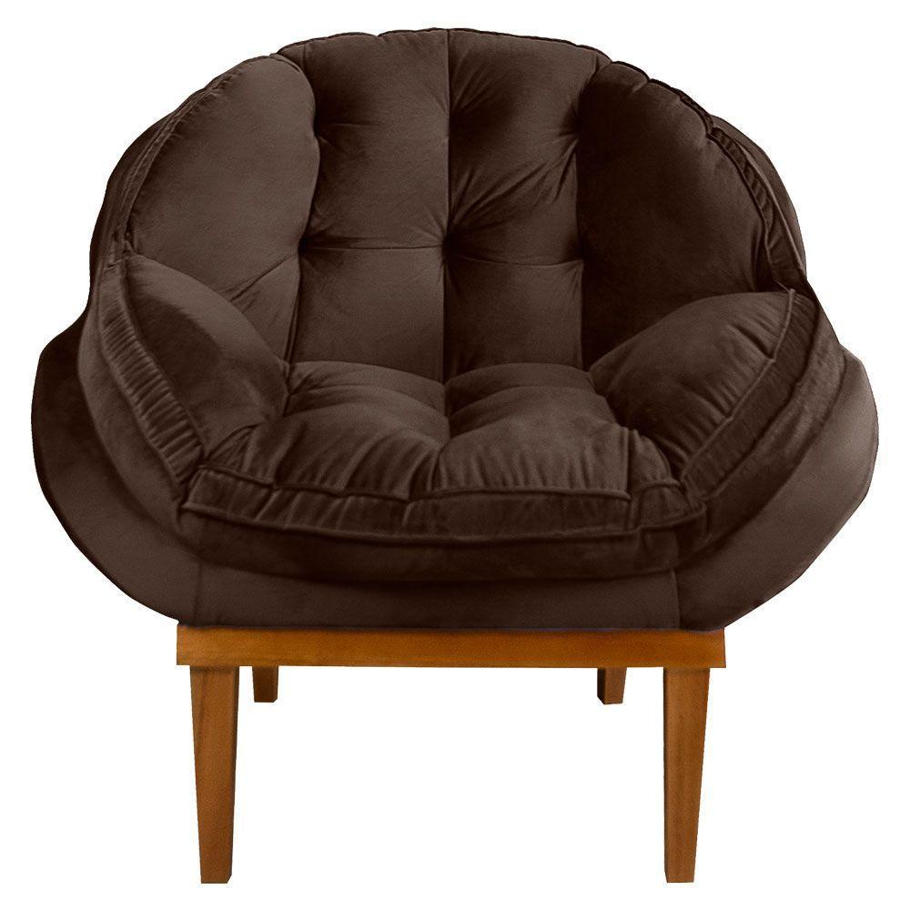Poltrona Decorativa Veludo Marrom Base Madeira Castanho - 4