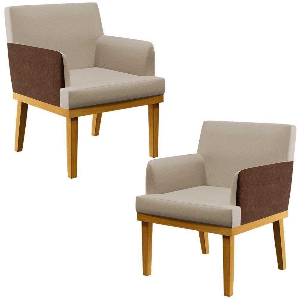 Kit 02 Poltronas Base Mel Linho Bege Couríssimo Marrom - 1