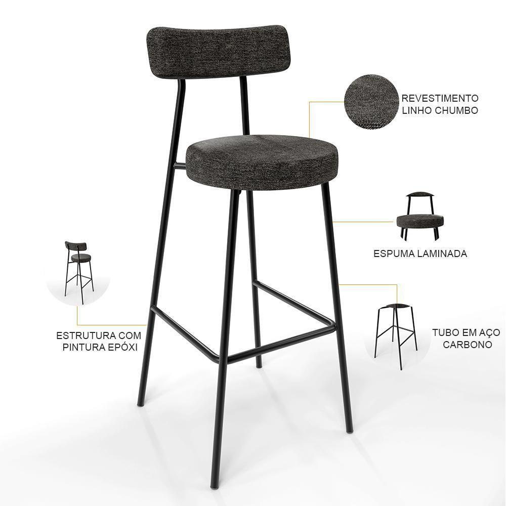 Kit 04 Banquetas Altas Estrutura Em Aço Milão Linho Chumbo - 6